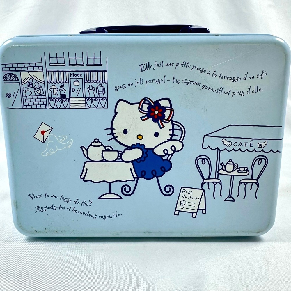 VTG 2002 Sanrio Hello Kitty Metal Lunch Box Tin French Cafe Blue Y2K Stationery